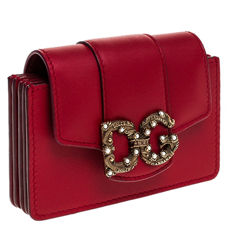Pre Owned Dolce & Gabbana Red Leather DG Amore Card Holder