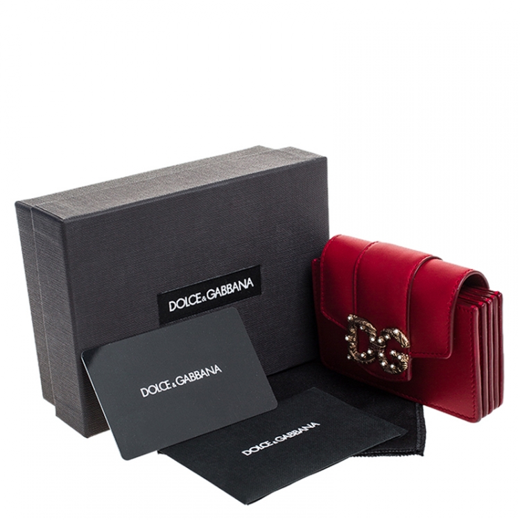 Pre Owned Dolce & Gabbana Red Leather DG Amore Card Holder