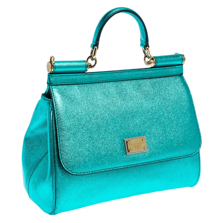 Pre Owned Dolce and Gabbana Metallic Green Medium Miss Sicily Top Handle Bag