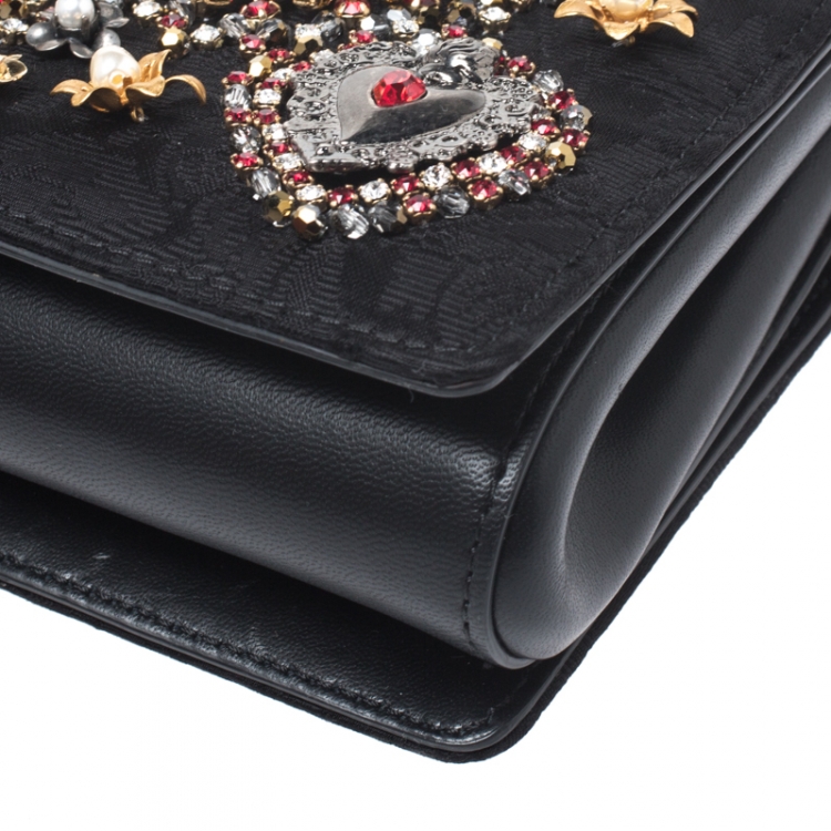 Pre Owned Dolce and Gabbana Black Brocade Fabric Devotion Embellished Shoulder Bag