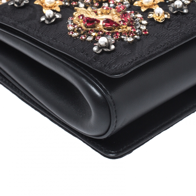 Pre Owned Dolce and Gabbana Black Brocade Fabric Devotion Embellished Shoulder Bag