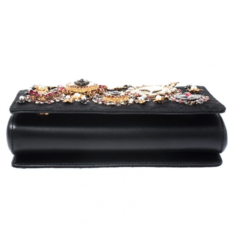 Pre Owned Dolce and Gabbana Black Brocade Fabric Devotion Embellished Shoulder Bag