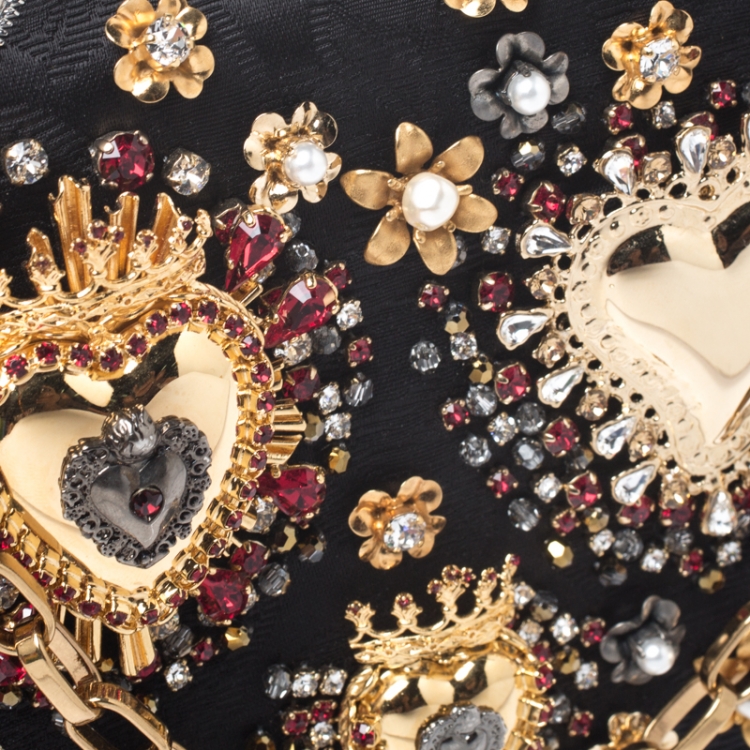 Pre Owned Dolce and Gabbana Black Brocade Fabric Devotion Embellished Shoulder Bag
