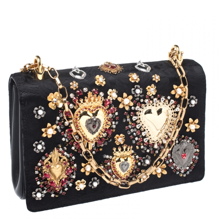 Pre Owned Dolce and Gabbana Black Brocade Fabric Devotion Embellished Shoulder Bag