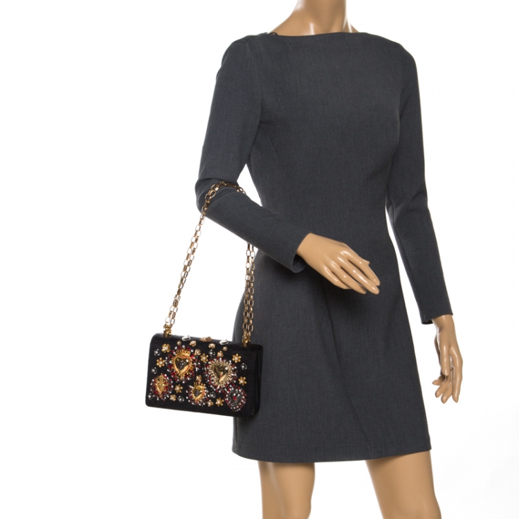Pre Owned Dolce and Gabbana Black Brocade Fabric Devotion Embellished Shoulder Bag