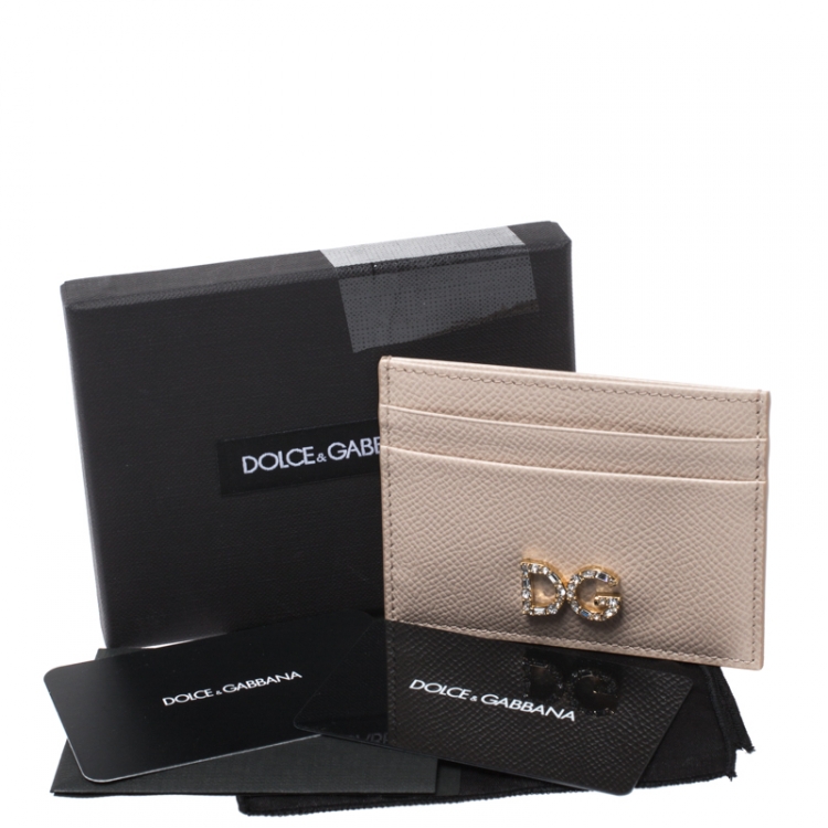 Pre Owned Dolce & Gabbana Beige Leather Diamante Logo Card Holder