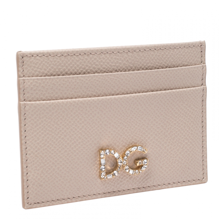 Pre Owned Dolce & Gabbana Beige Leather Diamante Logo Card Holder