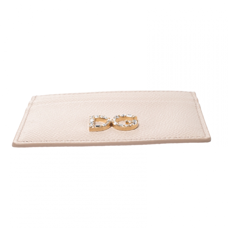 Pre Owned Dolce & Gabbana Beige Leather Diamante Logo Card Holder