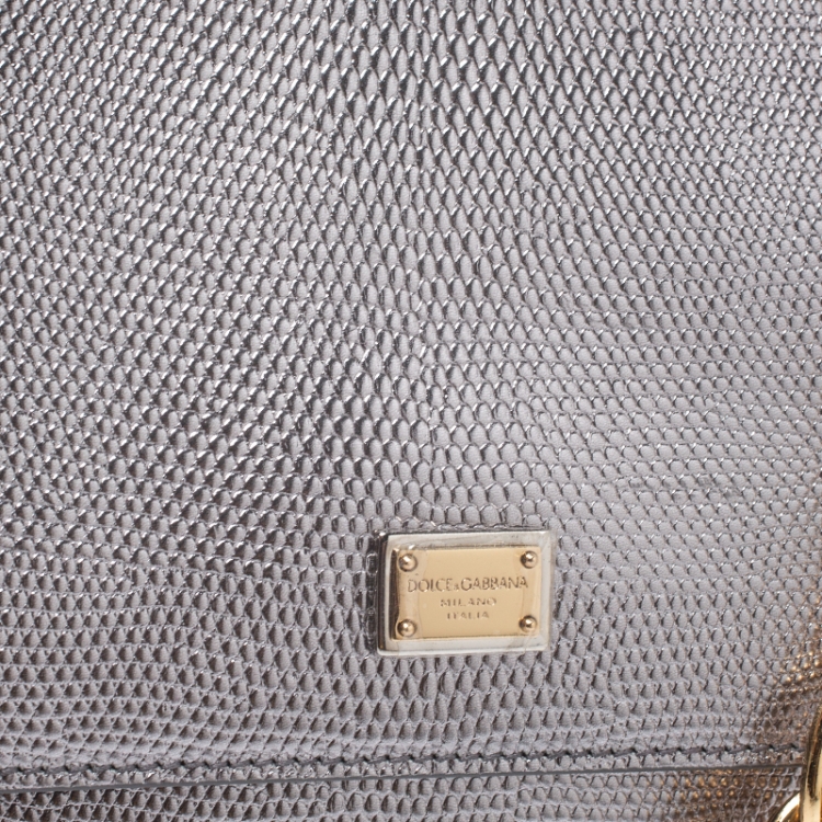 مملوكة مسبقًا Dolce & Gabbana Metallic Silver Lizard Embossed Leather Small Miss Sicily Top Handle Bag