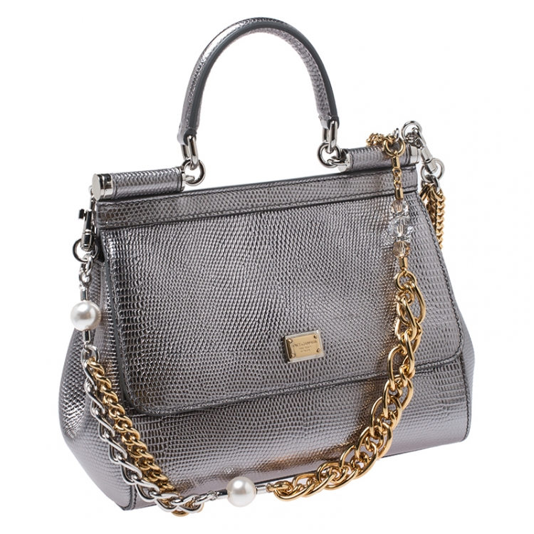 مملوكة مسبقًا Dolce & Gabbana Metallic Silver Lizard Embossed Leather Small Miss Sicily Top Handle Bag