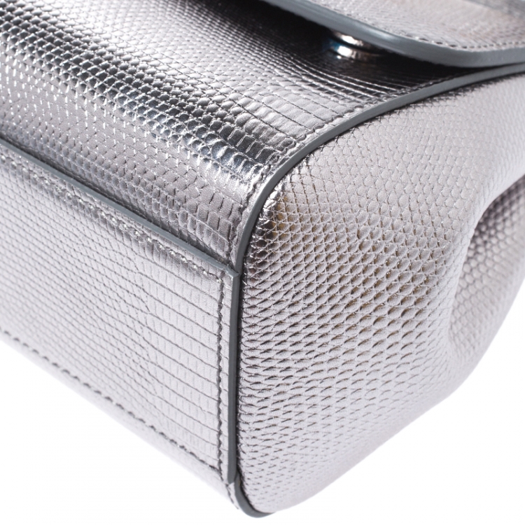 مملوكة مسبقًا Dolce & Gabbana Metallic Silver Lizard Embossed Leather Small Miss Sicily Top Handle Bag