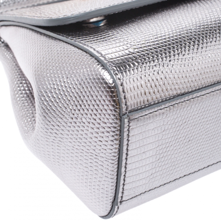 مملوكة مسبقًا Dolce & Gabbana Metallic Silver Lizard Embossed Leather Small Miss Sicily Top Handle Bag