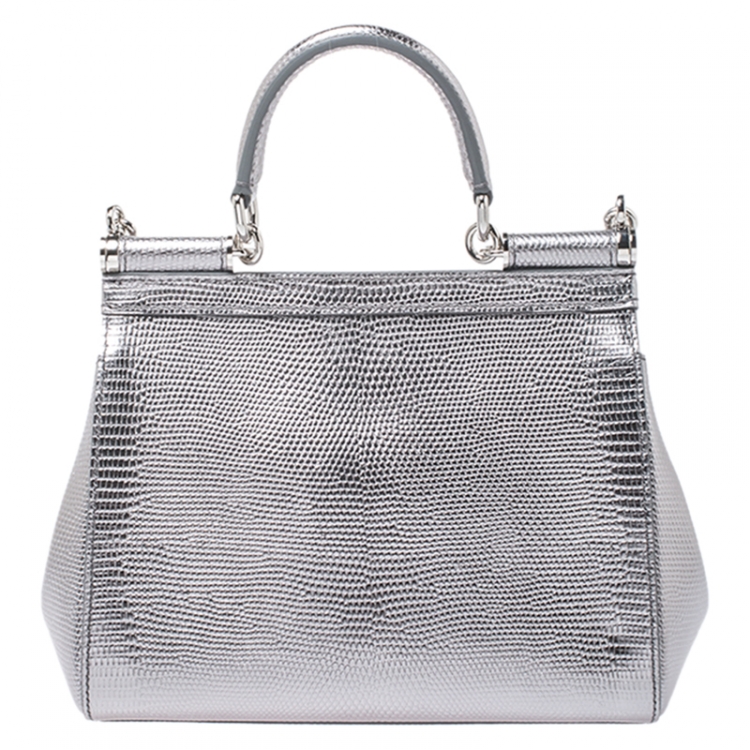 مملوكة مسبقًا Dolce & Gabbana Metallic Silver Lizard Embossed Leather Small Miss Sicily Top Handle Bag