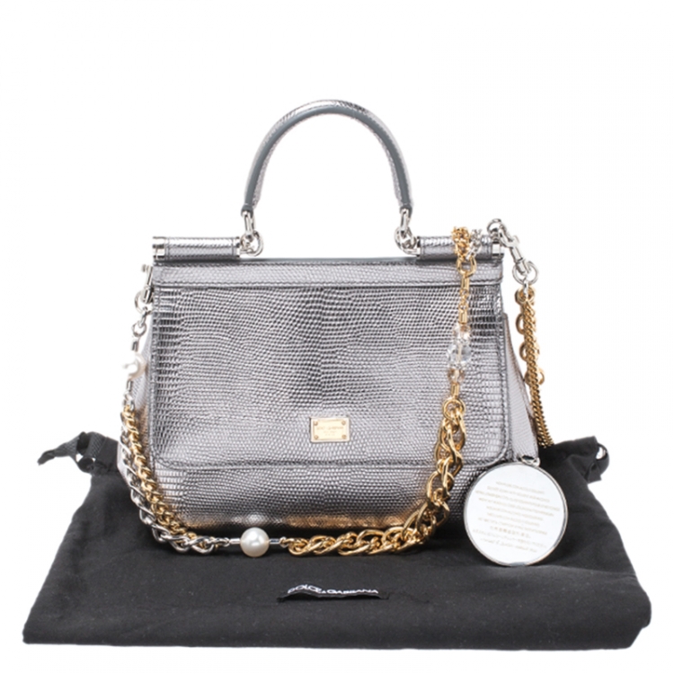مملوكة مسبقًا Dolce & Gabbana Metallic Silver Lizard Embossed Leather Small Miss Sicily Top Handle Bag