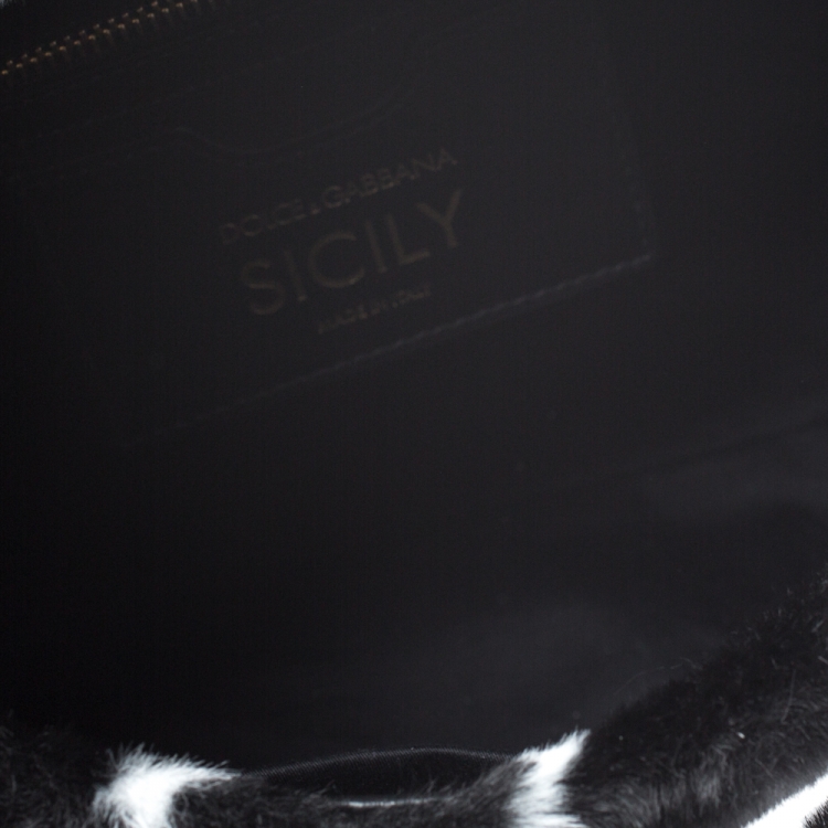 Pre Owned Dolce and Gabbana Black/White Faux Fur Medium Miss Sicily Top Handle Bag