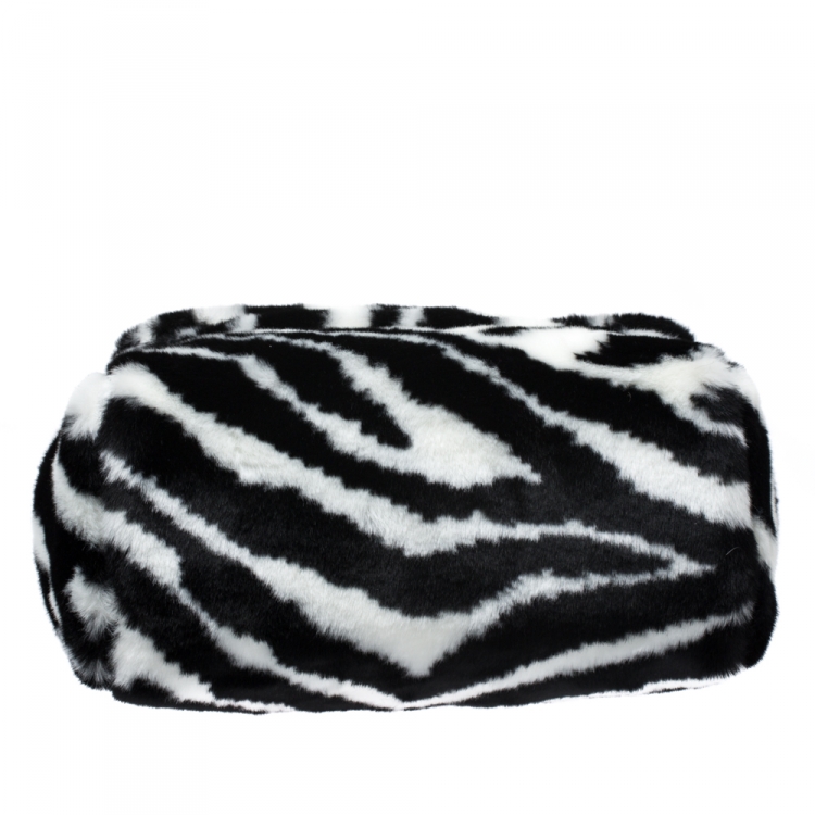 Pre Owned Dolce and Gabbana Black/White Faux Fur Medium Miss Sicily Top Handle Bag