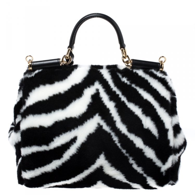 Pre Owned Dolce and Gabbana Black/White Faux Fur Medium Miss Sicily Top Handle Bag