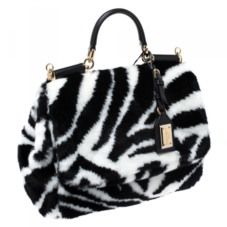 Pre Owned Dolce and Gabbana Black/White Faux Fur Medium Miss Sicily Top Handle Bag
