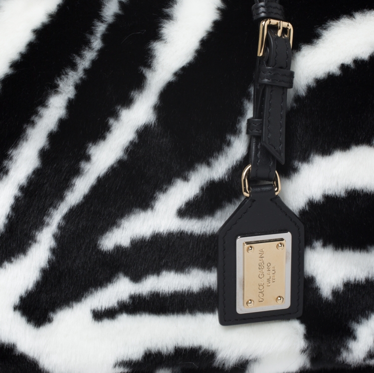 Pre Owned Dolce and Gabbana Black/White Faux Fur Medium Miss Sicily Top Handle Bag