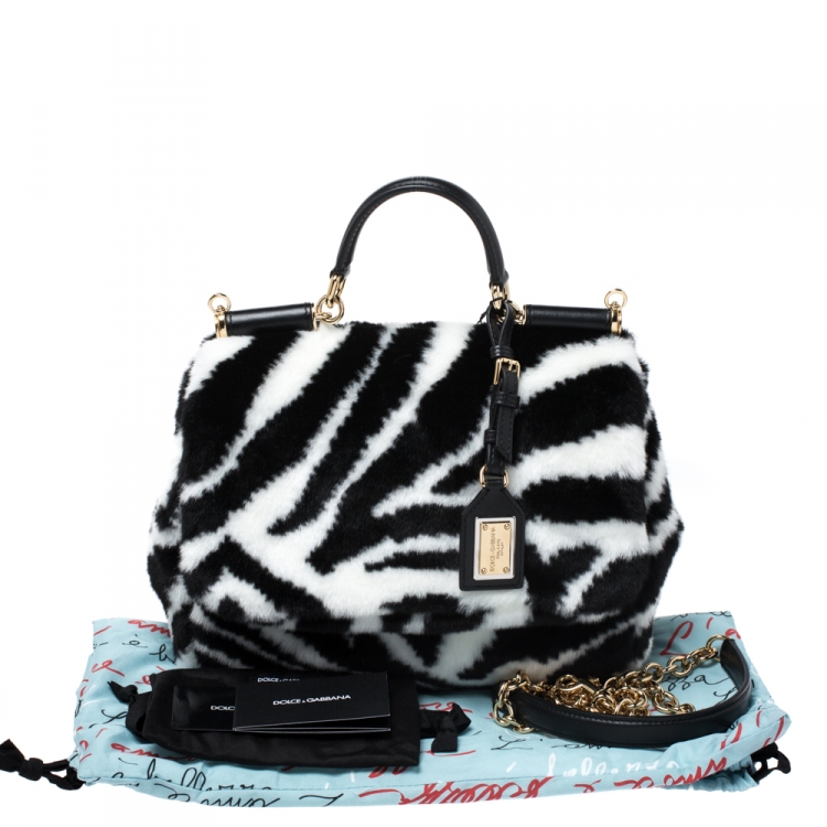 Pre Owned Dolce and Gabbana Black/White Faux Fur Medium Miss Sicily Top Handle Bag