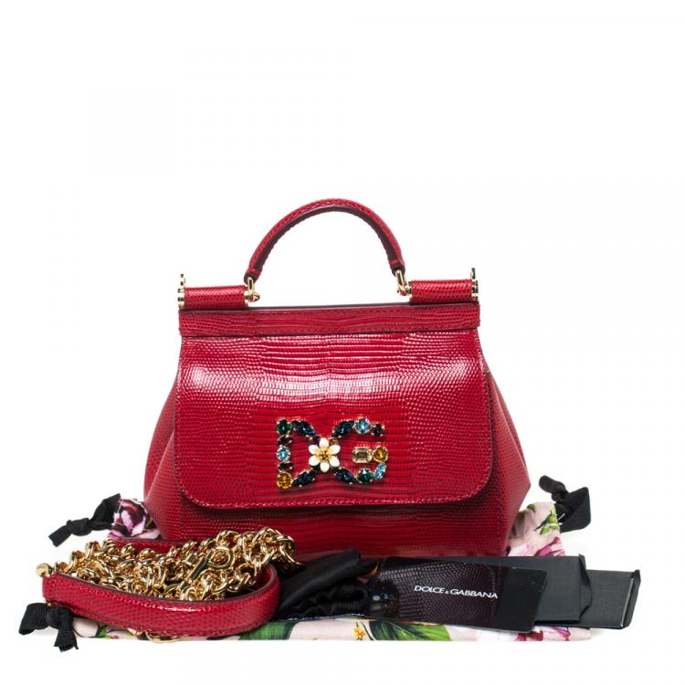 Pre Owned Dolce & Gabbana Red Iguana Embossed Leather Crystal DG Logo Mini Miss Sicily Bag