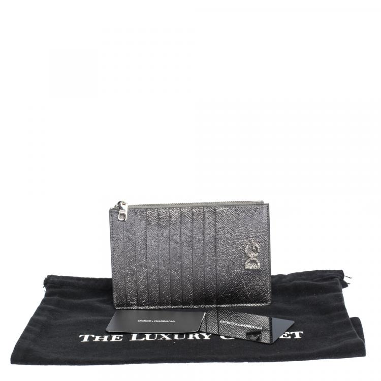 Pre Owned Dolce & Gabbana Silver Leather Crystal Embellished Logo Zipped Card Holder