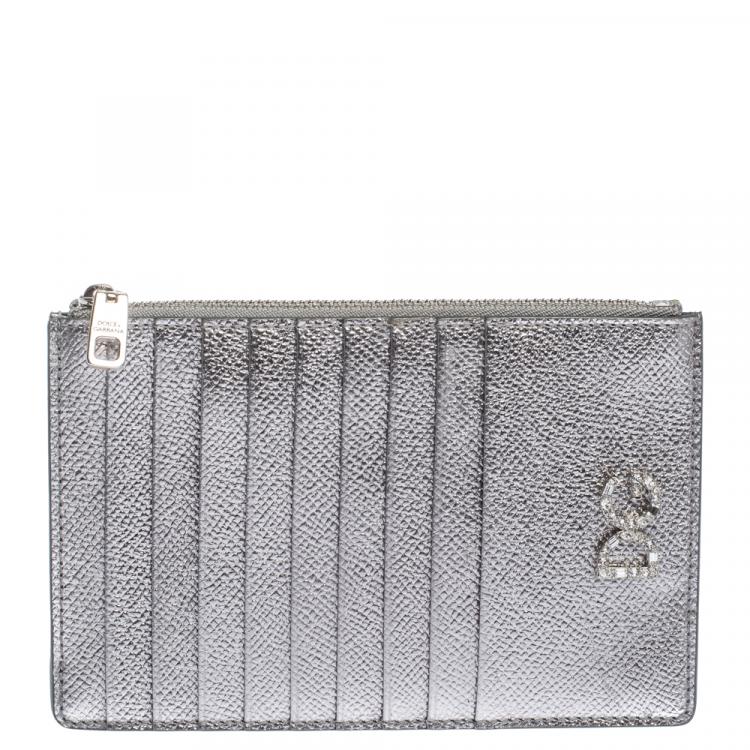 Pre Owned Dolce & Gabbana Silver Leather Crystal Embellished Logo Zipped Card Holder