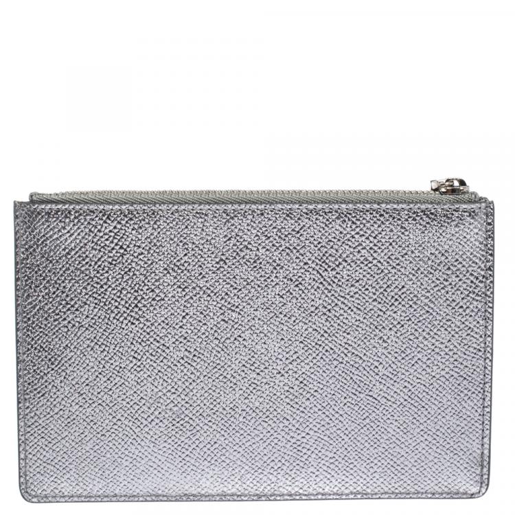 Pre Owned Dolce & Gabbana Silver Leather Crystal Embellished Logo Zipped Card Holder