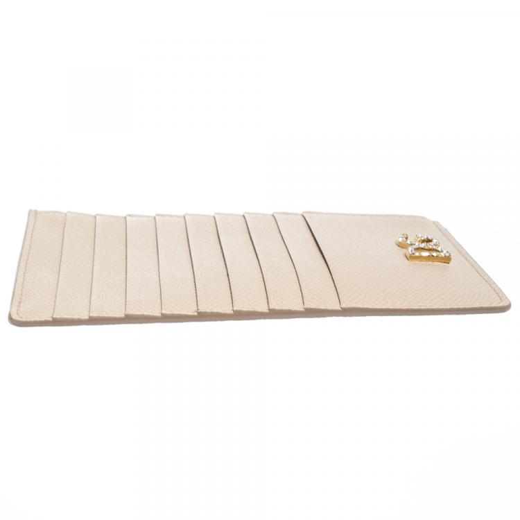 Pre Owned Dolce & Gabbana Beige Leather Crystal Embellished Logo Zipped Card Holder
