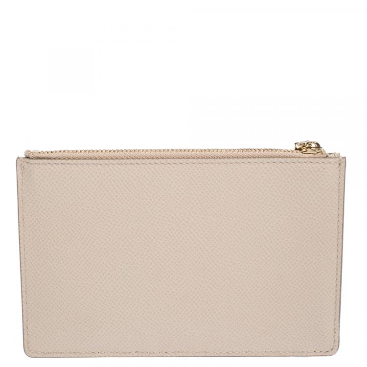 Pre Owned Dolce & Gabbana Beige Leather Crystal Embellished Logo Zipped Card Holder
