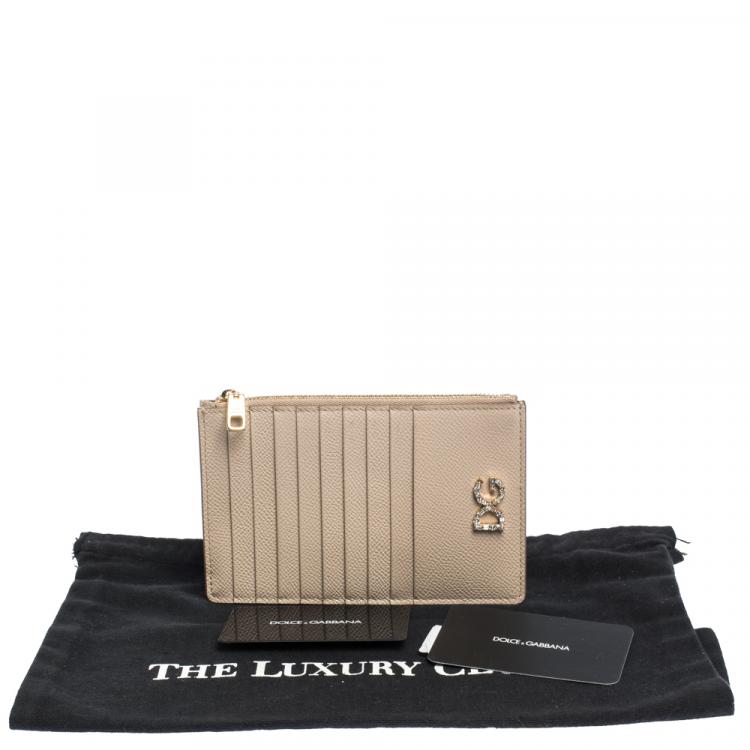 Pre Owned Dolce & Gabbana Beige Leather Crystal Embellished Logo Zipped Card Holder
