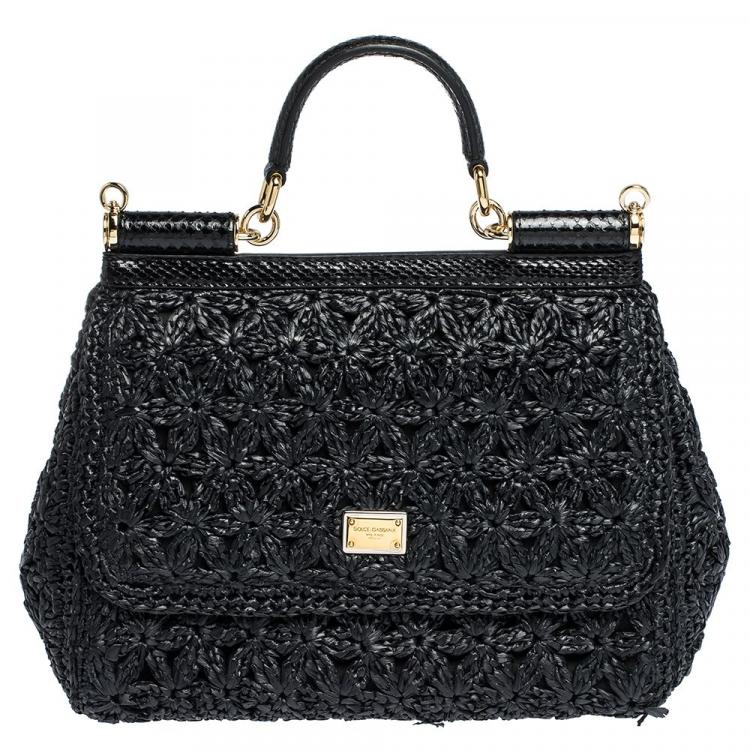 Pre Owned Dolce & Gabbana Black Raffia Crochet / Python Medium Miss Sicily Bag