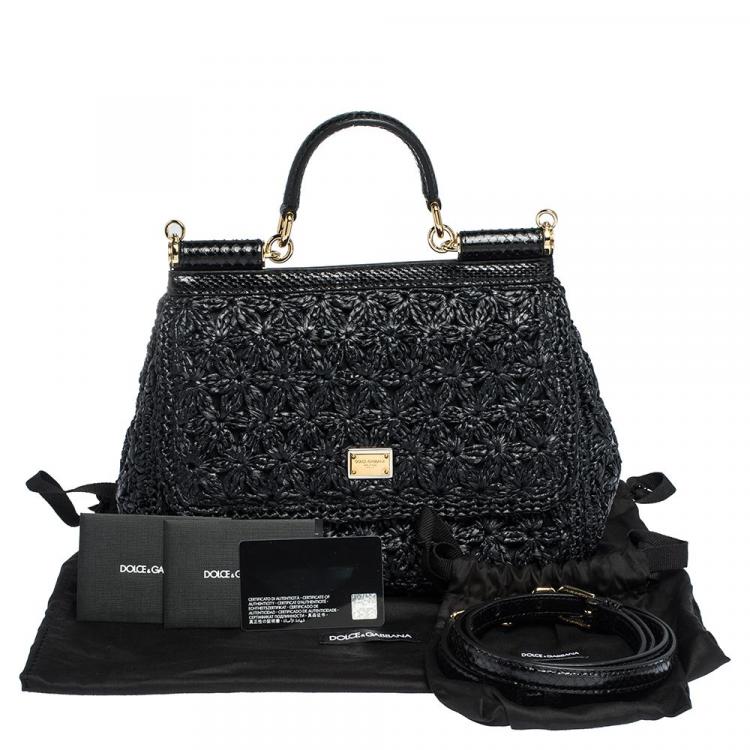 Pre Owned Dolce & Gabbana Black Raffia Crochet / Python Medium Miss Sicily Bag