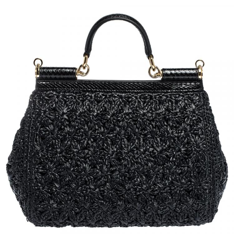 Pre Owned Dolce & Gabbana Black Raffia Crochet / Python Medium Miss Sicily Bag