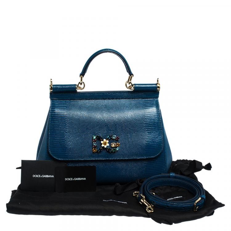 Pre Owned Dolce & Gabbana Blue Iguana Embossed Leather Crystal DG Logo Medium Miss Sicily  Bag