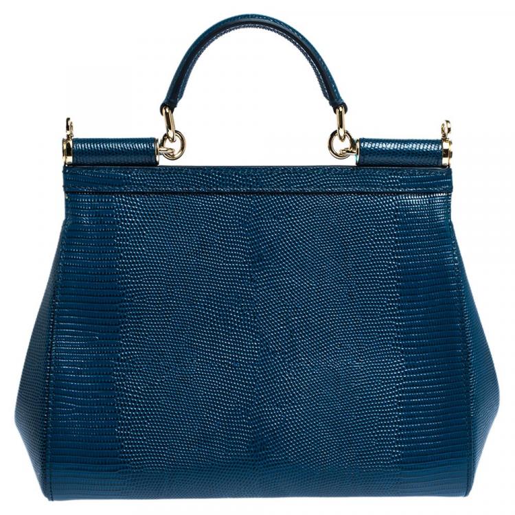Pre Owned Dolce & Gabbana Blue Iguana Embossed Leather Crystal DG Logo Medium Miss Sicily Bag