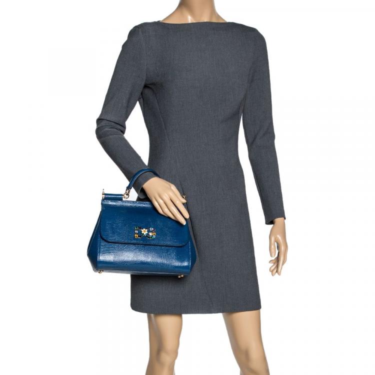 Pre Owned Dolce & Gabbana Blue Iguana Embossed Leather Crystal DG Logo Medium Miss Sicily Bag