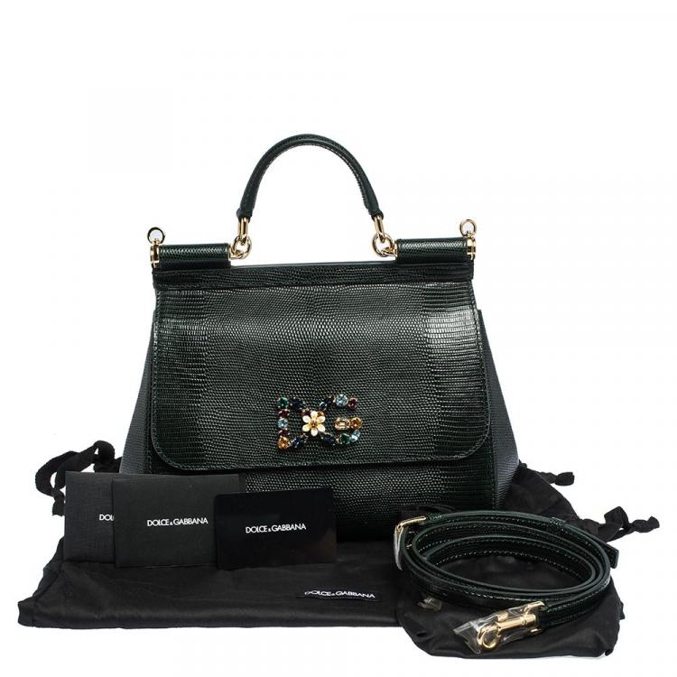 Pre Owned Dolce & Gabbana Green Iguana Embossed Leather Crystal DG Logo Medium Miss Sicily Bag