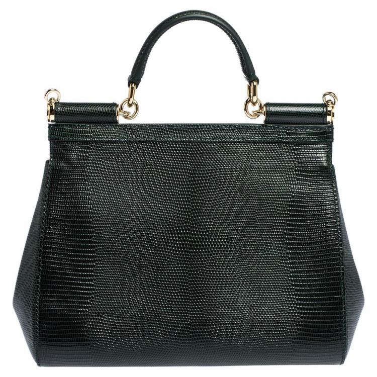 Pre Owned Dolce & Gabbana Green Iguana Embossed Leather Crystal DG Logo Medium Miss Sicily Bag