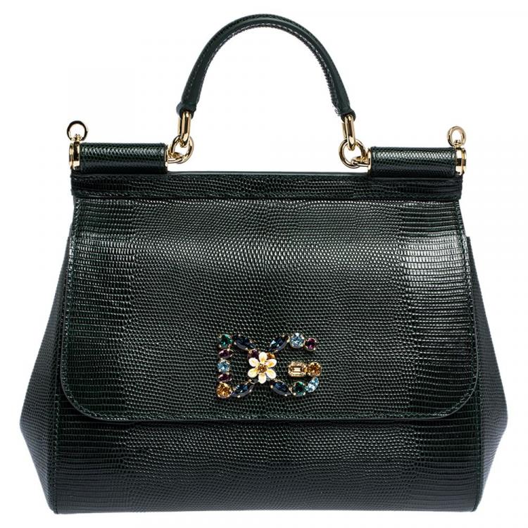 Pre Owned Dolce & Gabbana Green Iguana Embossed Leather Crystal DG Logo Medium Miss Sicily Bag