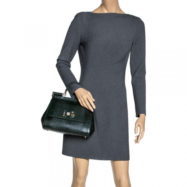 Pre Owned Dolce & Gabbana Green Iguana Embossed Leather Crystal DG Logo Medium Miss Sicily Bag