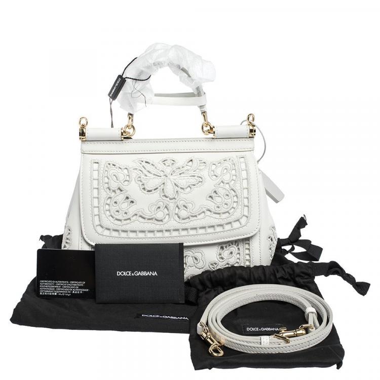 Pre Owned Dolce & Gabbana White Laser-Engraved Leather Small Miss Sicily Bag