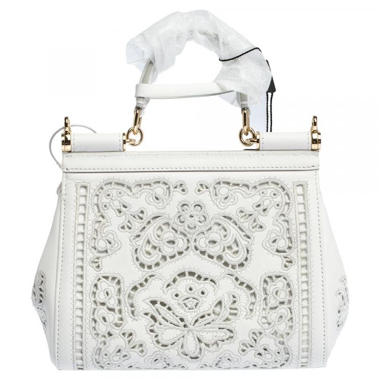 Pre Owned Dolce & Gabbana White Laser-Engraved Leather Small Miss Sicily Bag
