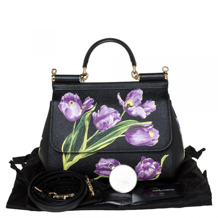 Pre Owned Dolce & Gabbana Black Tulip Print Leather Medium Miss Sicily Bag