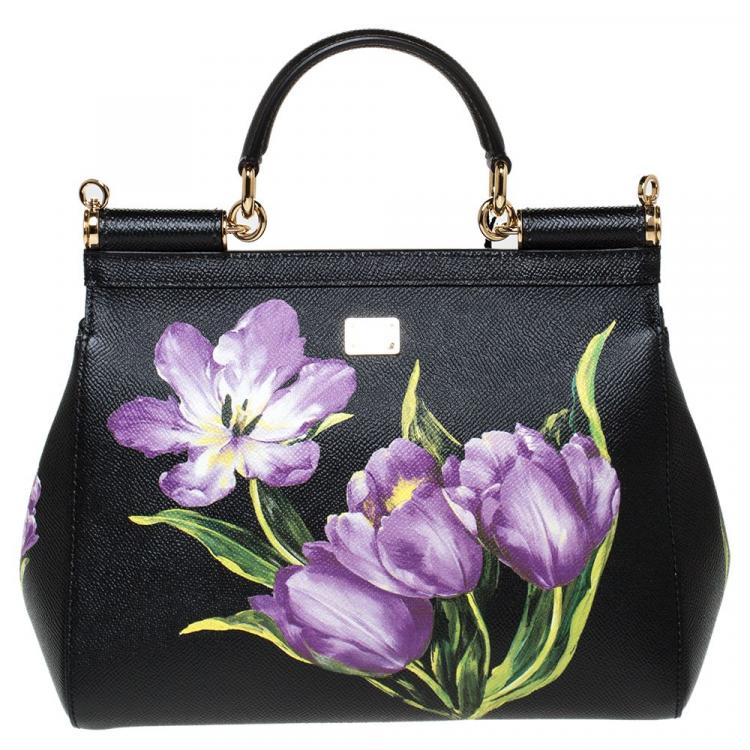 Pre Owned Dolce & Gabbana Black Tulip Print Leather Medium Miss Sicily Bag