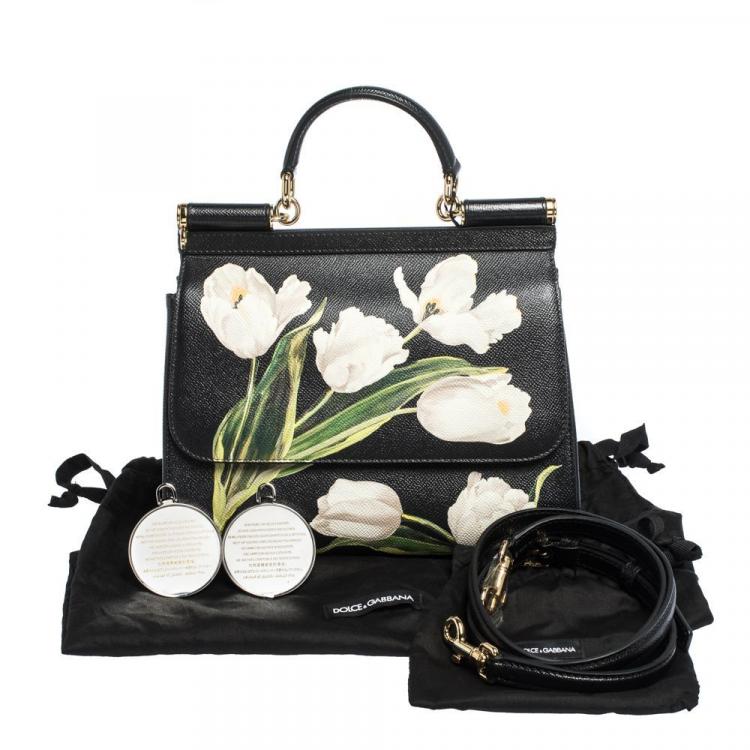 Pre Owned Dolce & Gabbana Black Tulip Print Leather Medium Miss Sicily Bag