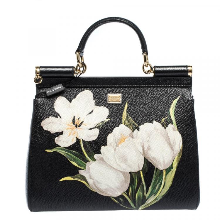 Pre Owned Dolce & Gabbana Black Tulip Print Leather Medium Miss Sicily Bag