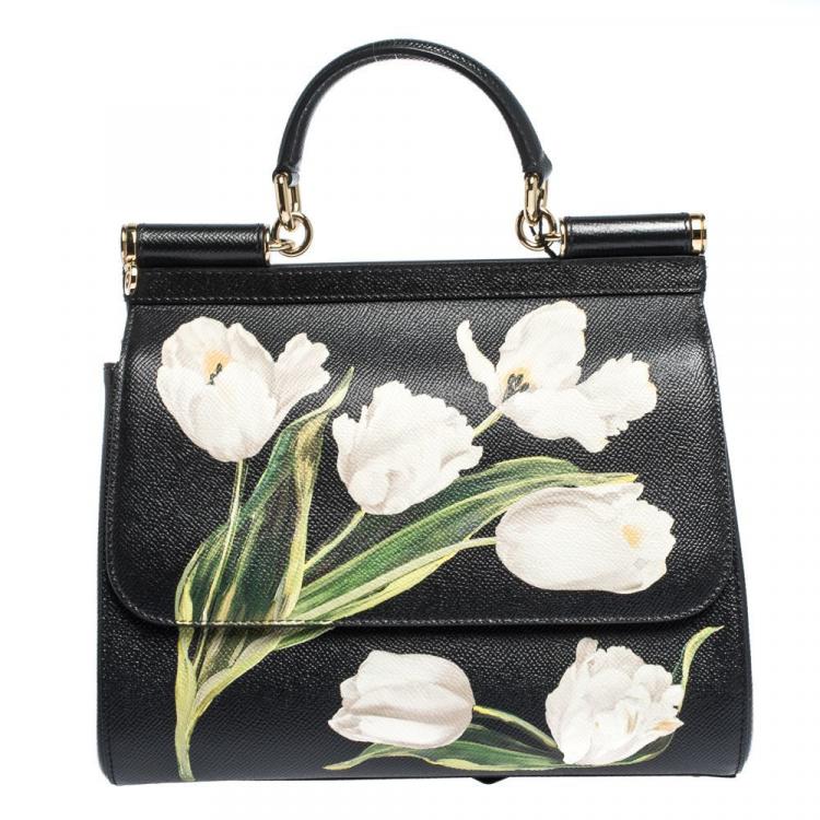 Pre Owned Dolce & Gabbana Black Tulip Print Leather Medium Miss Sicily Bag