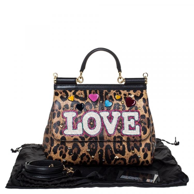 Pre Owned Dolce & Gabbana Brown/Black Leopard Print Leather LOVE Medium Miss Sicily Bag