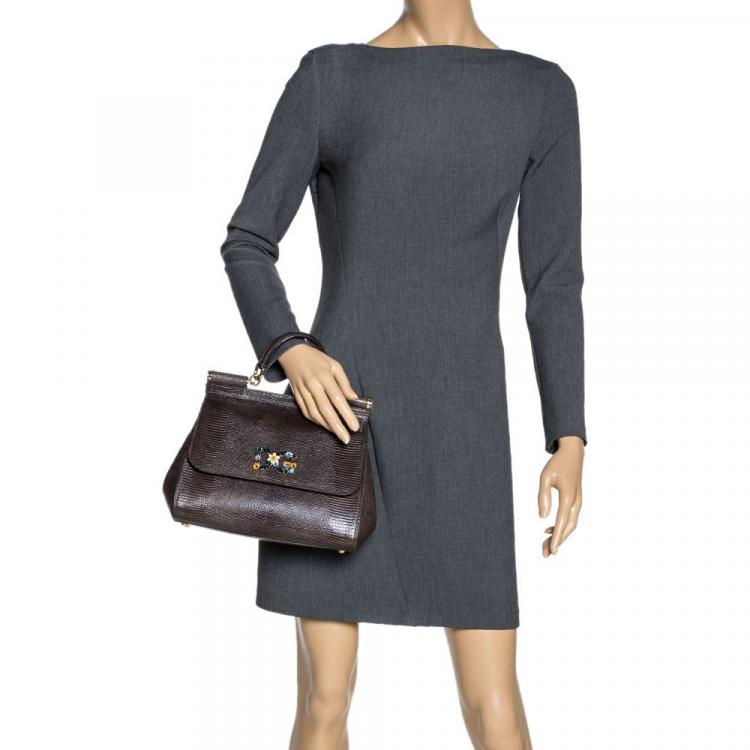 Pre Owned Dolce & Gabbana Dark Grey Iguana Embossed Leather Crystal DG Logo Medium Miss Sicily Bag